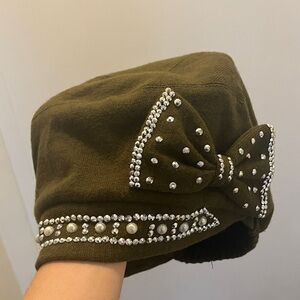 Olive Green Bow Accent Beanie with Rhinestones